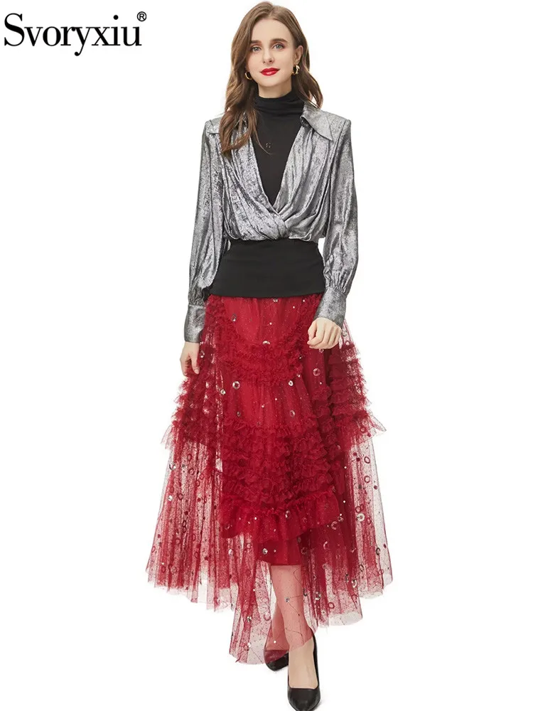 

Svoryxiu Fashion Runway Autumn Half Skirt Suit Women's High Neck Lantern Sleeve Tops+Sequins Net Yarn Cascading Flounces Skirt