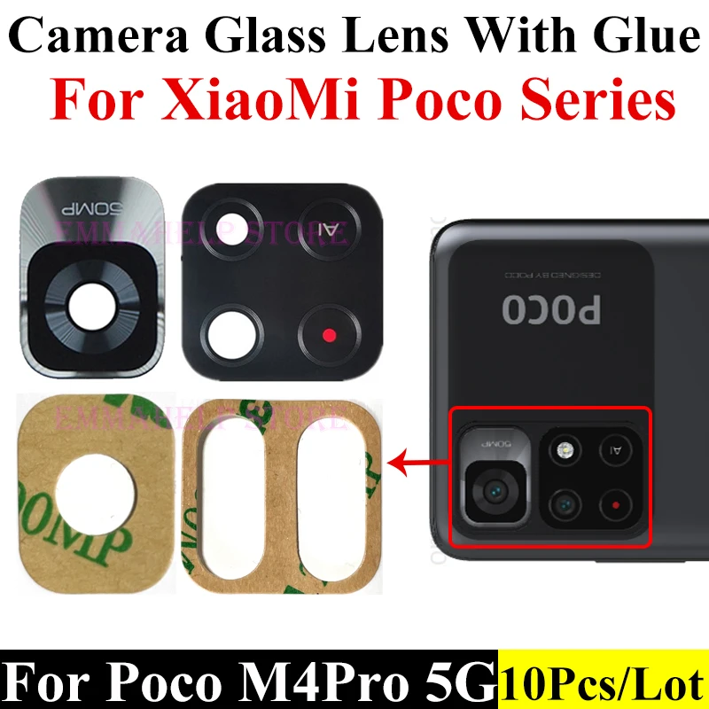 EmmaHelp 10pcs Rear Back Camera Lens Glass for Xiaomi Poco M4 Pro 4G X3 X4 Pro 5G F4 GT F3 M5s M4 M3 M2 C40 C3 With Adhesive Glu