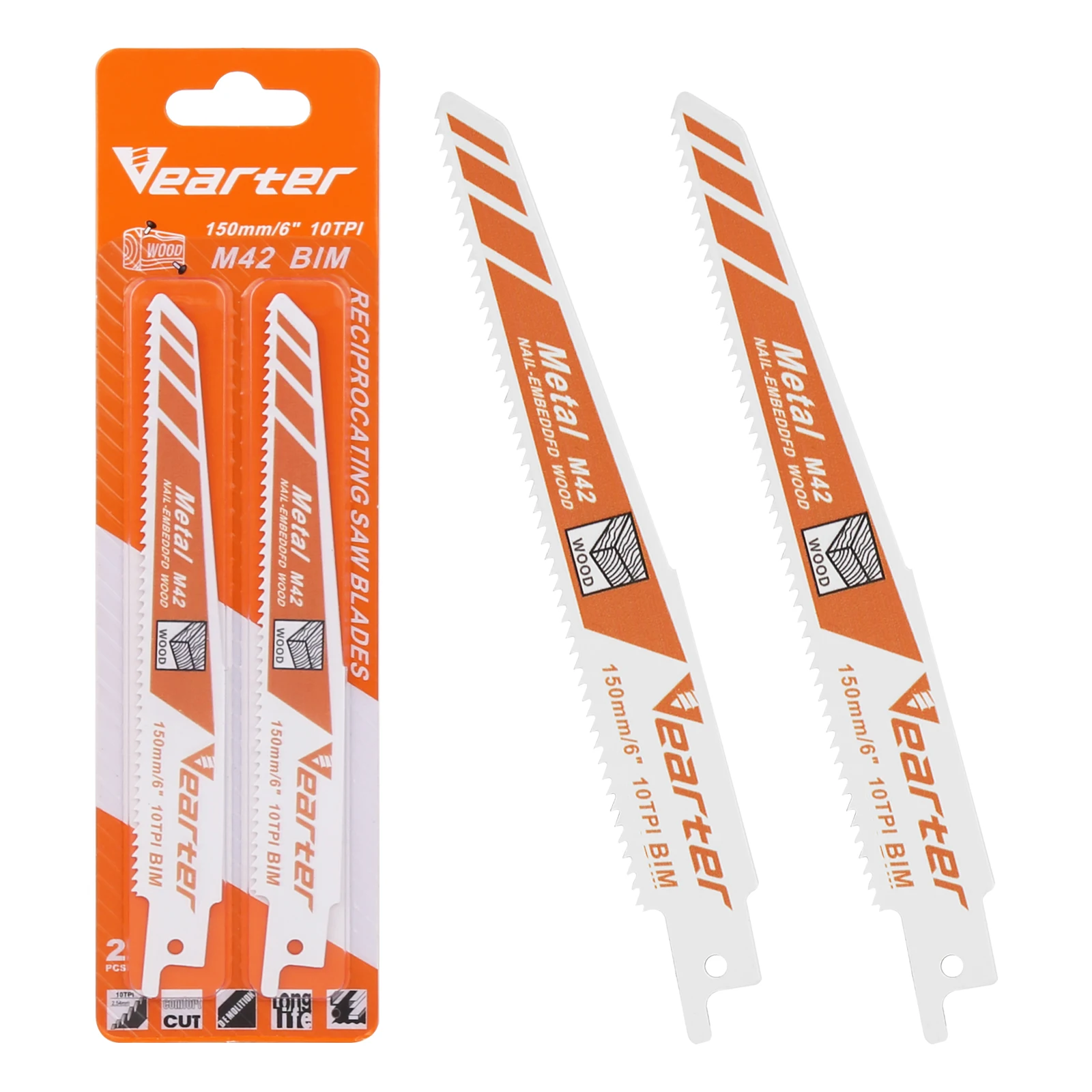 Vearter 2-Pack 6-Inch M42 Bi-Metal Sawzall Blades with 8% Cobalt, Ideal for Cutting Nail-Embedded Wood, Cast Iron and PVC