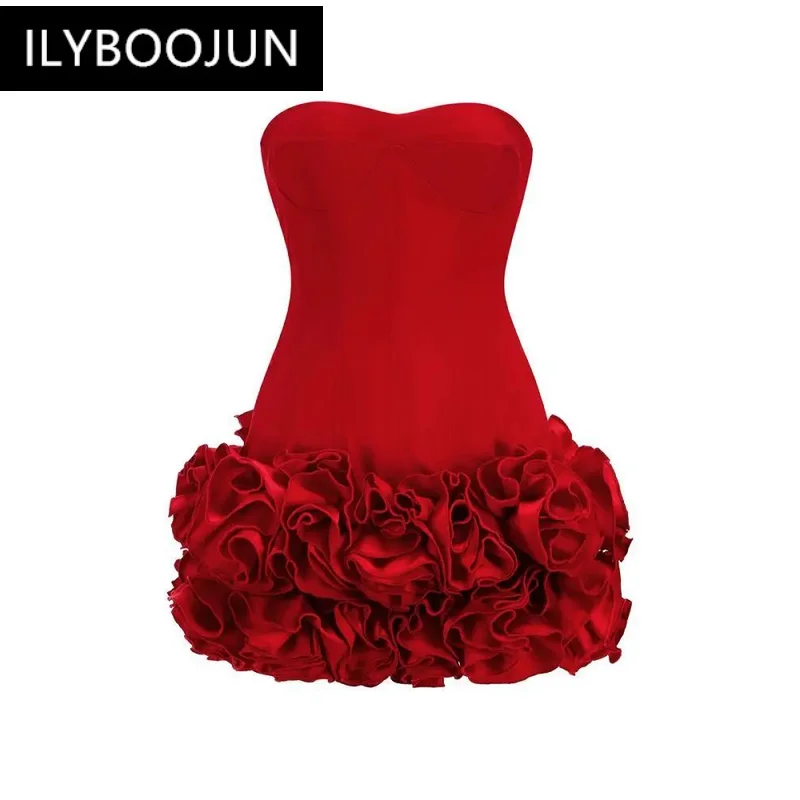 Ladies Sexy Strapless Backless Red Flower Mini Women Celebrity Dress Party Evening Club Vestido Bodycon Luxury Wrap