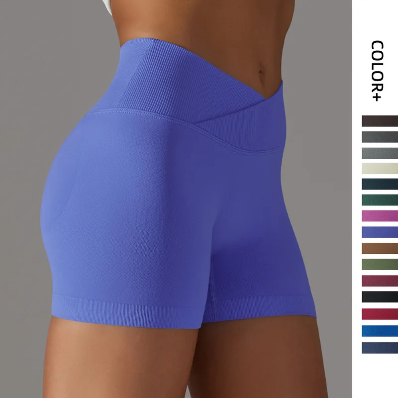 Cross-border European and American seamless knitted breathable solid color cross-waist peach butt yoga shorts running fitness th