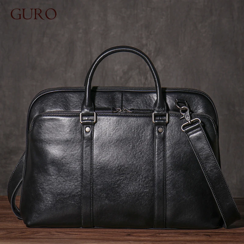 GURO Men's Luxury Genuine Leather Handbag Business Office Travel Briefcase High Quality Original Shoulder Bag For 16 Inch Laptop