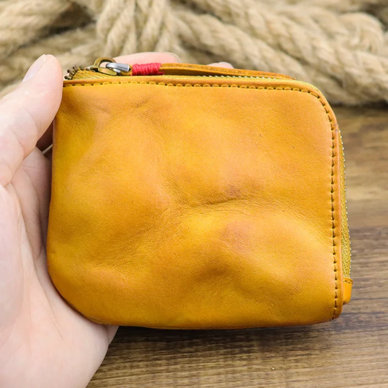 New Top Layer Cowhide Vintage Vegetable Tanned Leather Wallet Simple Japanese Style Zipper Wallet