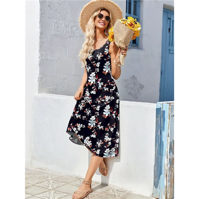 ABRT-Vestiti da donna estivi senza maniche floreali da spiaggia girocollo a vita alta a trapezio con tasche