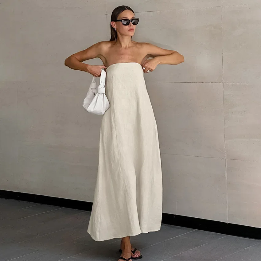 

2026 Summer New Khaki Strapless Dress Women Slimming Graceful A Line Long Skirt Cotton Linen Casual Vacation