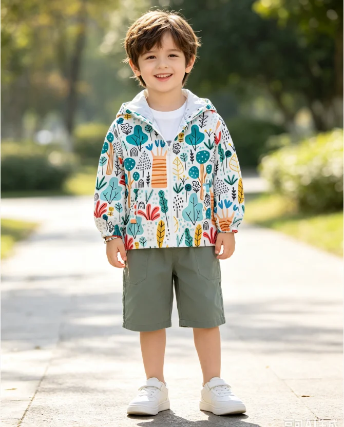 Boys' Spring and Autumn hooded jacket, lightweight outdoor windproof, cartoon print fashionable and versatile