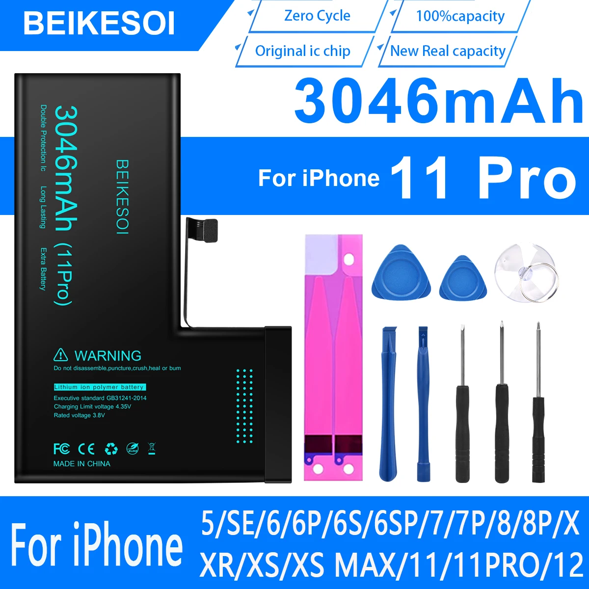 Beikesoi- Replacement Battery for iPhone, Battery for iPhone 5, 5S, SE, 6, 6S, 7, 8 Plus, X, XR, XS, Max, 11, 12, 13, Mini, 3046