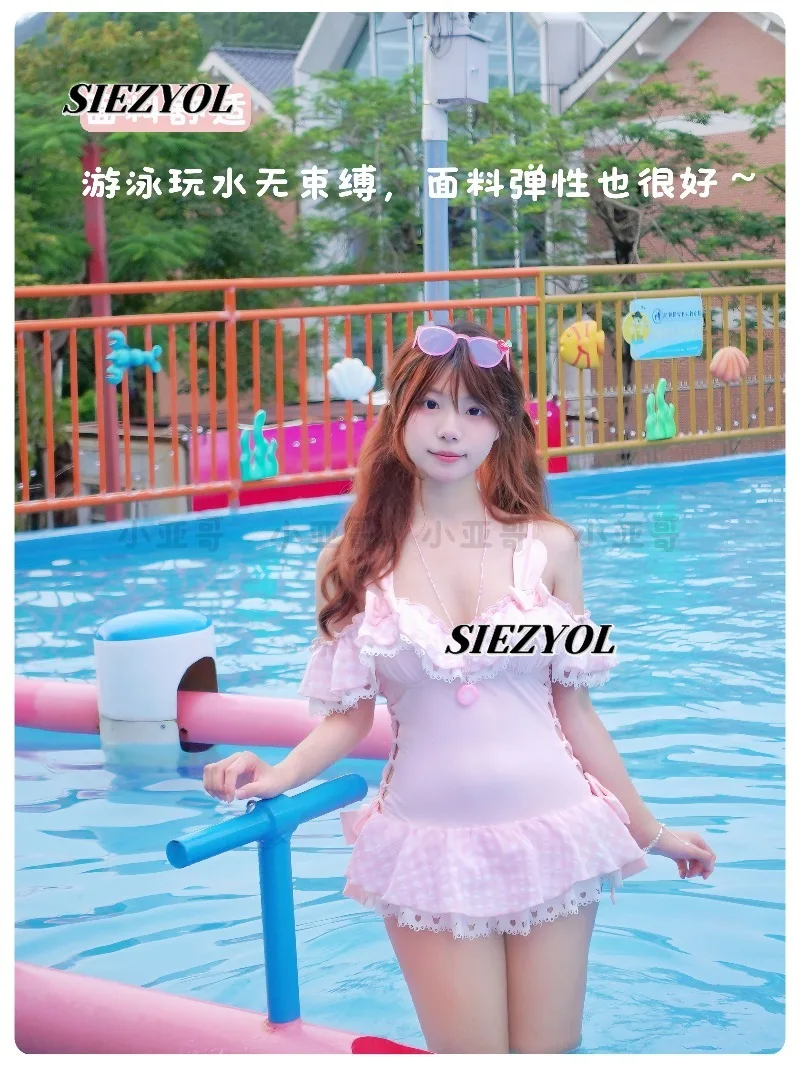 Pink Cute Skirt Split Swimming Suit for Women Summer New Kawaii Sweet Girls Swimwear Seaside Vacation Bow One Piece Swimsuit