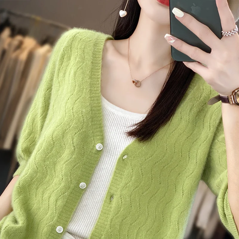 Spring And Summer New 100% Wool Five-Point Sleeve Hollow Cardigan Ladies Thin V-Neck Short-Sleeved Knitted T-Shirt