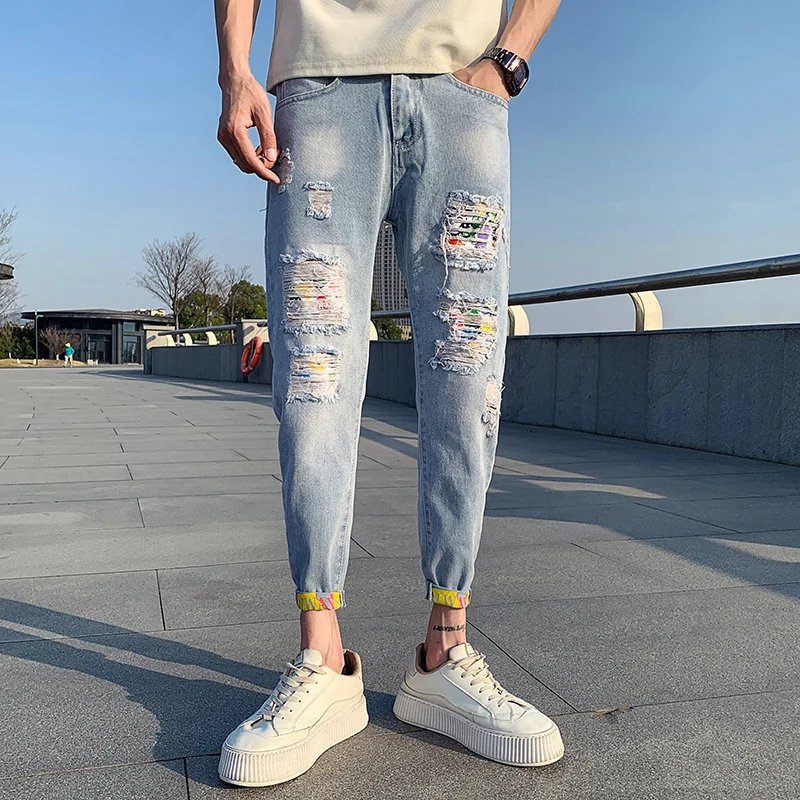 New Ripped Jeans For Men Korean Fashion Slim Fit Ankle Length Mens Denim Pants All Match Hole Men's Jeans Trousers Light Blue