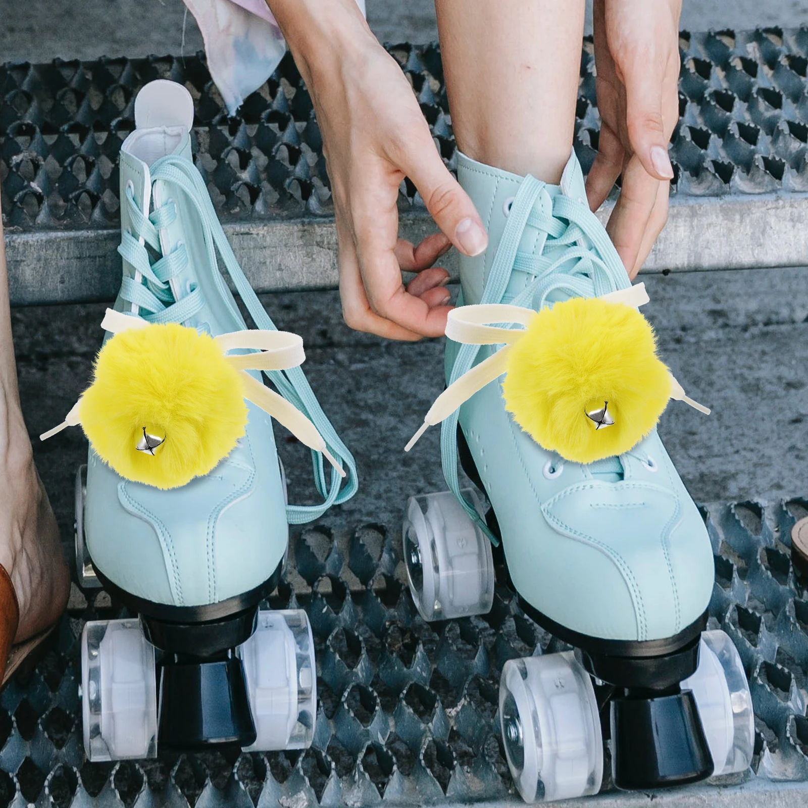 

2 Pcs Bell Ice Skate Lace Ball Roller Birthday Party Decorations Skateboard Decorative Pom Poms Yellow Artificial Child
