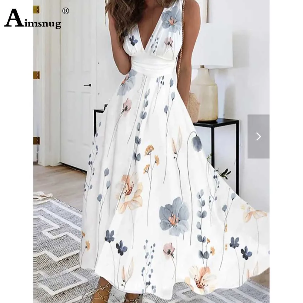 Vestido largo bohemio con estampado de flores para mujer, traje elegante informal de verano con cuello en V para fiesta, talla grande, 2023