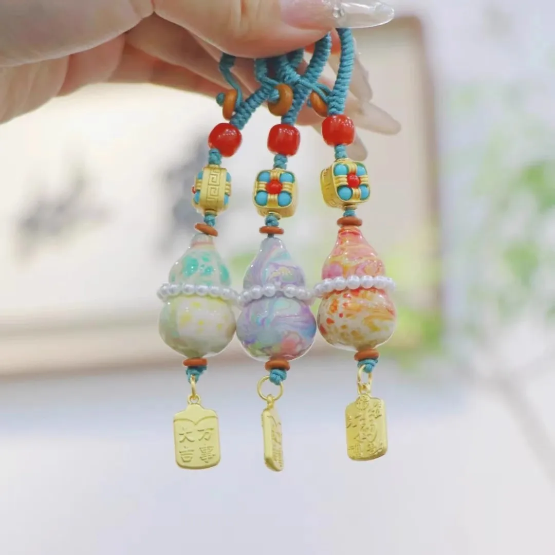 Colorful Big Lacquer Gourd Culture Creation Key Chain Temple Same Money Good Lucky Cat Pendant Mobile Phone Bag Charms Pendant