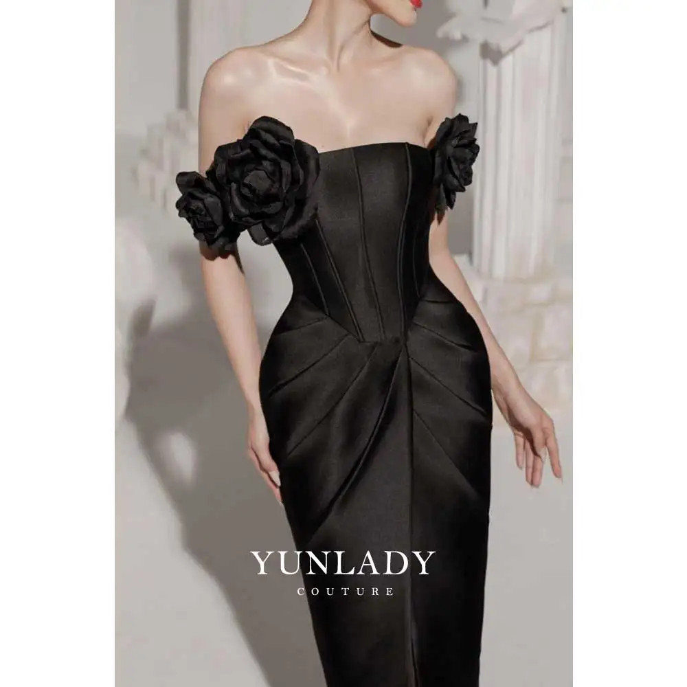 YUNLAN Luxury Dubai 3D Flower Tube Top Birthday Party Evening Dress 2024 Women's Cocktail Ball Hip and Ankle Black Satin Dress