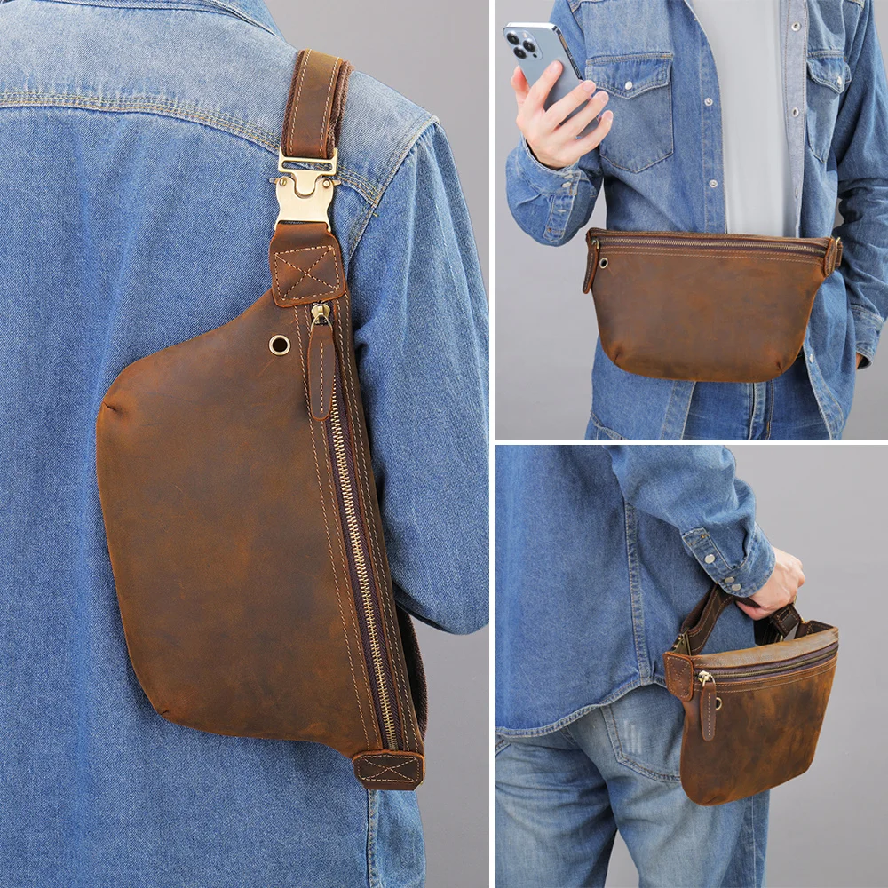 Gek Paard Heren Borsttas Man Echt Lederen Schoudertas Echtgenoot Crossbody Tas Heuptas Slingtas Trending Product