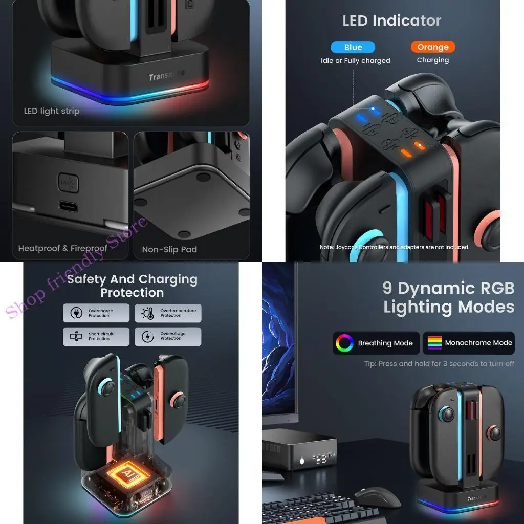 Upgrades Controller Charging Station 4 Port Fast Build In 8 Cartridges Slot & Effects for Multiple Consoles