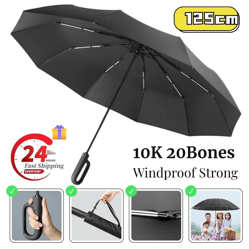 Windproof Strong Men Umbrella 125CM Reinforced Ring Buckle Handle 10 Double Bone Automatic Large Folding Sunproof Big Umbrellas