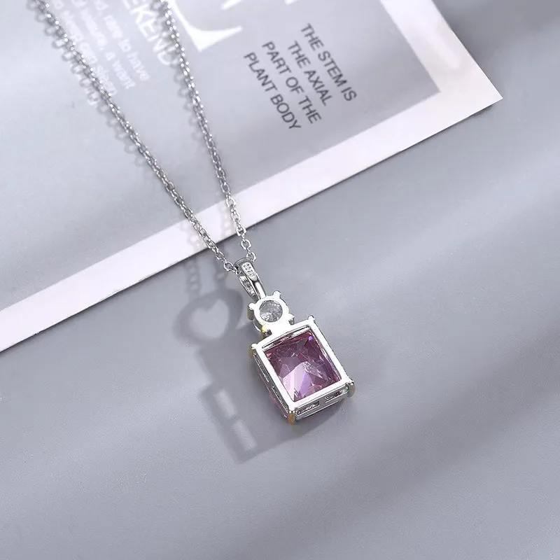 Hot Selling Pink Yellow High Carbon Diamond Necklace Women\'s Square Ice Flower Perfume Bottle Pendant Fashionable and Luxurious