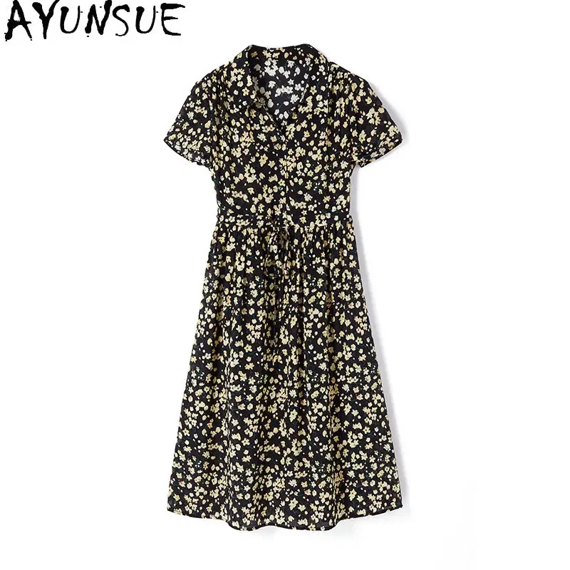 Elegant Dresses For Women 2024 Black Slim Dress Summer 100% Mulberry Silk Clothing Female New Print Women's Clothing Vestidos LM