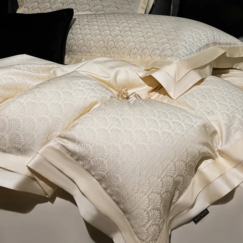 Lyocell Cotton Jacquard Soft Silky Luxury Bedding Set Queen King Size Duvet Cover Set Bed Sheet/Fitted Sheet Pillowcases 4Pcs