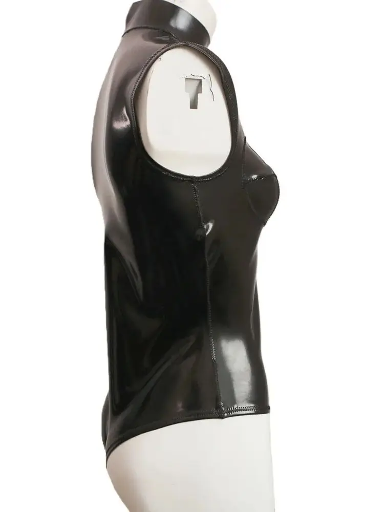 XS-4XL Double Sided PU Leather Tank Top Wet Look PVC Open Crotch Bodysuit Faux Latex Catsuit Shaped Bust Body Teddies Swimsuit