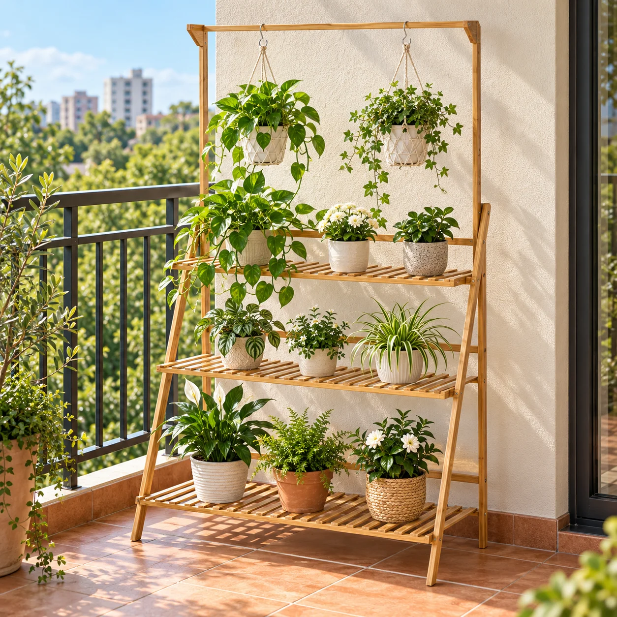 Foldable 3-Tier Bamboo Plant Stand Durable Portable Garden Shelf for Potted Plants Succulents Books Shoes for Balcony Patio