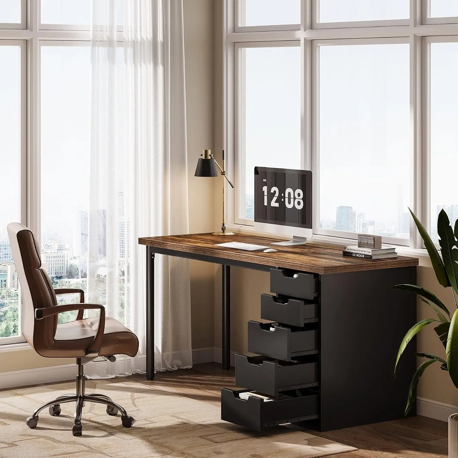 Simple Computer Desk With 5 Reversible Drawers, 47 Inch Rustic Brown Study Table Workstation For Home Office, Customized