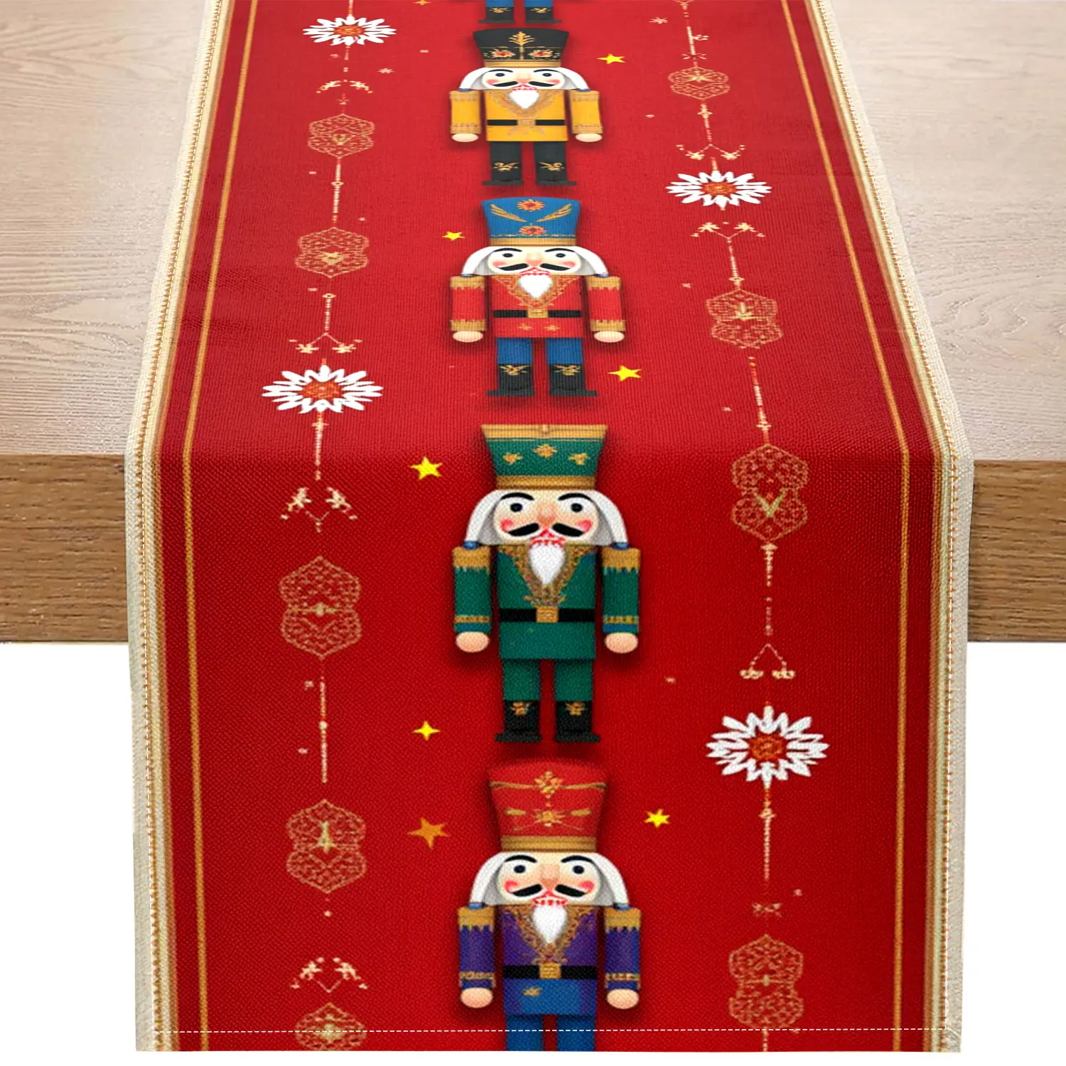 1 Piece of Christmas-Themed Table Runner, Decorated with Nutcrackers, Christmas Trees, and Snowflakes, Suitable for Christmas Family Dinners and Holiday Party Decorations