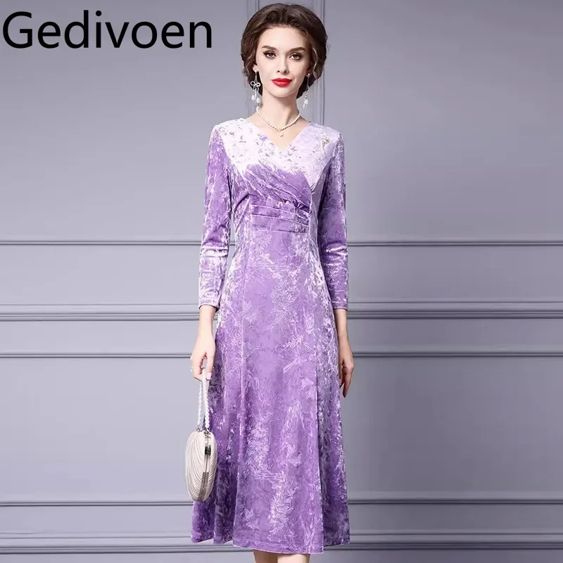 Gedivoen Autumn and winter Women's Dress Fashion V-Neck Long Sleeved High waist Slim Purple/Green/Blue M-3XL Dresses