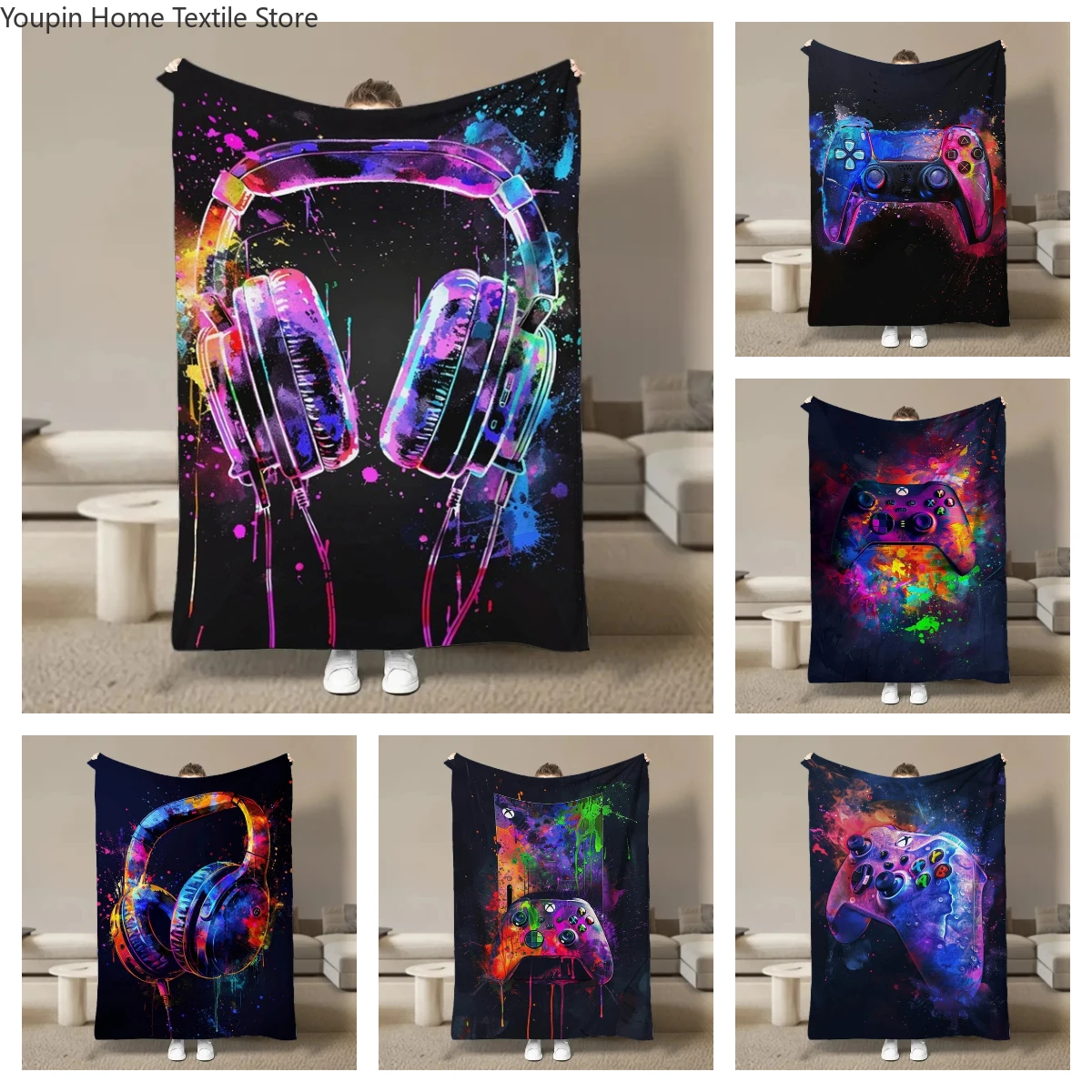 

Watercolor Neon Video Game Blanket for Bed Bedroom Sofa Soft Flannel Throw Fluffy Children Adult Picnic Travel Blanket Kids Gift