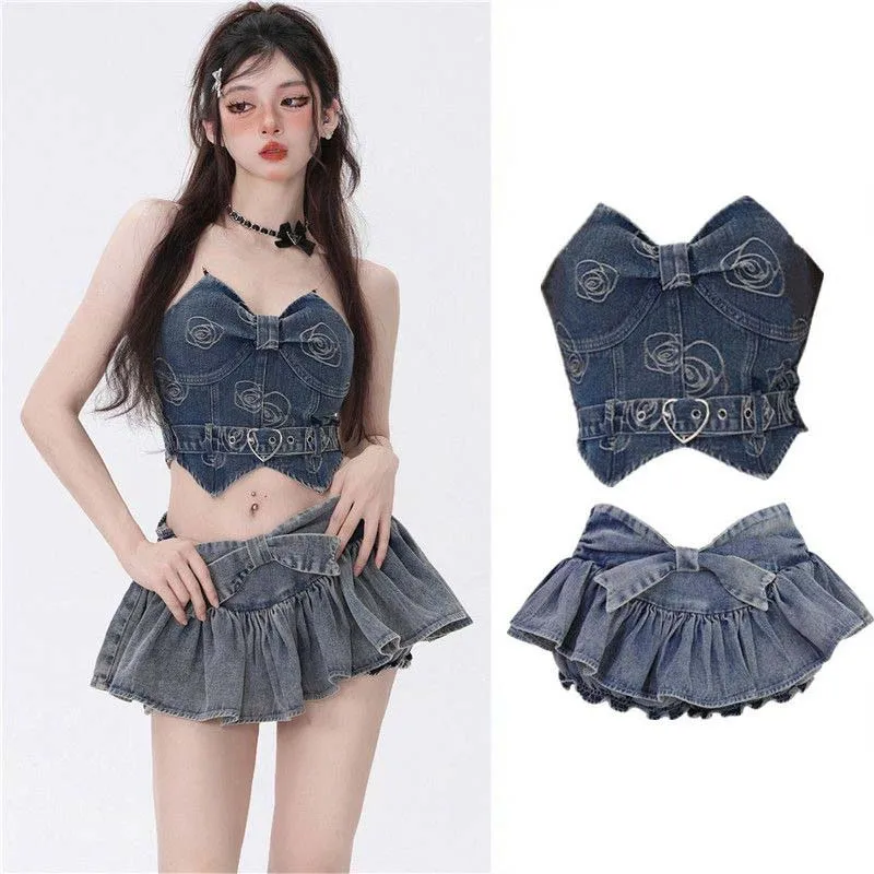 

Printed Rose Strapless Backless Crop Top Women Spicy Slim Cake A-line Jeans Skirt Summer Y2k Female Denim Two Pieces Set