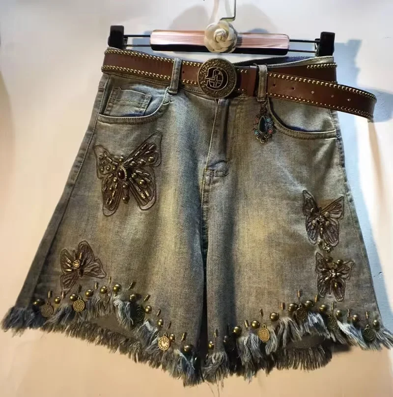 

Heavy Embroidery Embellished High Waist Frayed Jeans Shorts Loose Fit Summer Casual Youth Fashion Denim Shorts