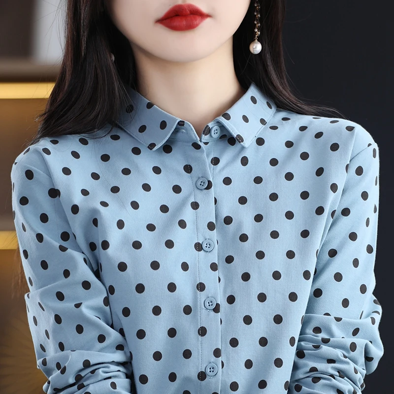 Women\'s New 100% Cotton Soft Sweater Polka-dot Knitted Polo Collar Long Sleeve Cardigan Spring Summer Shirt Ladies\' Blouse Top