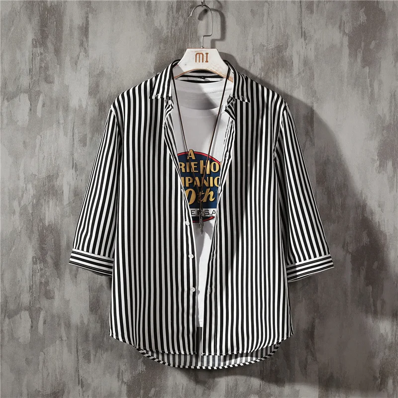 

Casual Stripe irt Men's Summer 3/4 Sve Mid-Sve irt ort Sve Square Collar Lightweight Faionable Top Outerwear