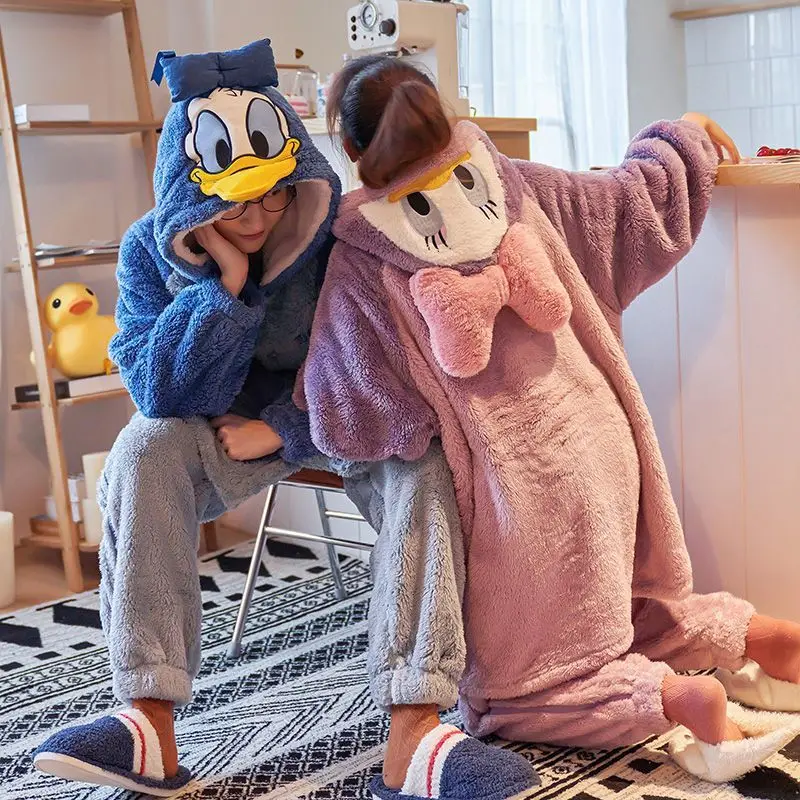 Cartoon Disney Couple Pajamas Donald Duck Winter Coral Fleece Hooded Pants Cotton Two-piece Set Male/Female Couple Pajamas