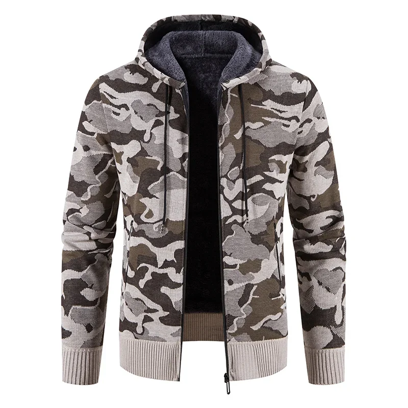 

Men's Sweater Coat Camouflage Hooded Cardigan 2023 Winter Fleece Thickened in Winter Knitwear Jacket Zipper Casual Male Clothing