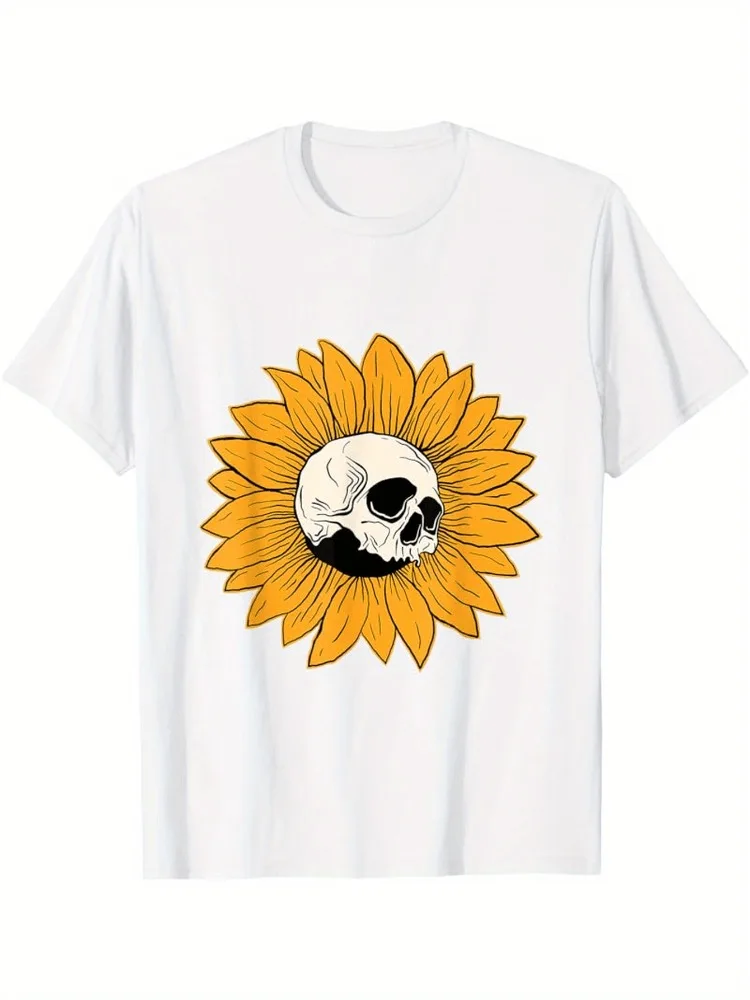 Camiseta gotica con estampado de calavera y girasolinformal cuello redondo، manga corta comoda para un añopara mujer