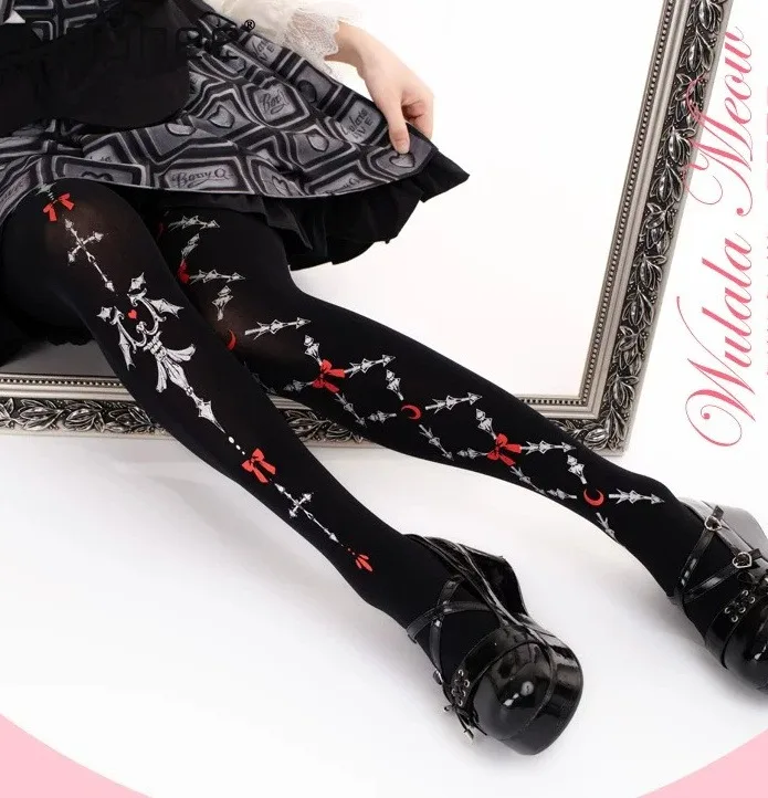 Original Japanese Gothic Girl Red Black Sweet Cool Lolita Pantyhose Lolita Stockings Gothic Print Lolita Long Socks for Women