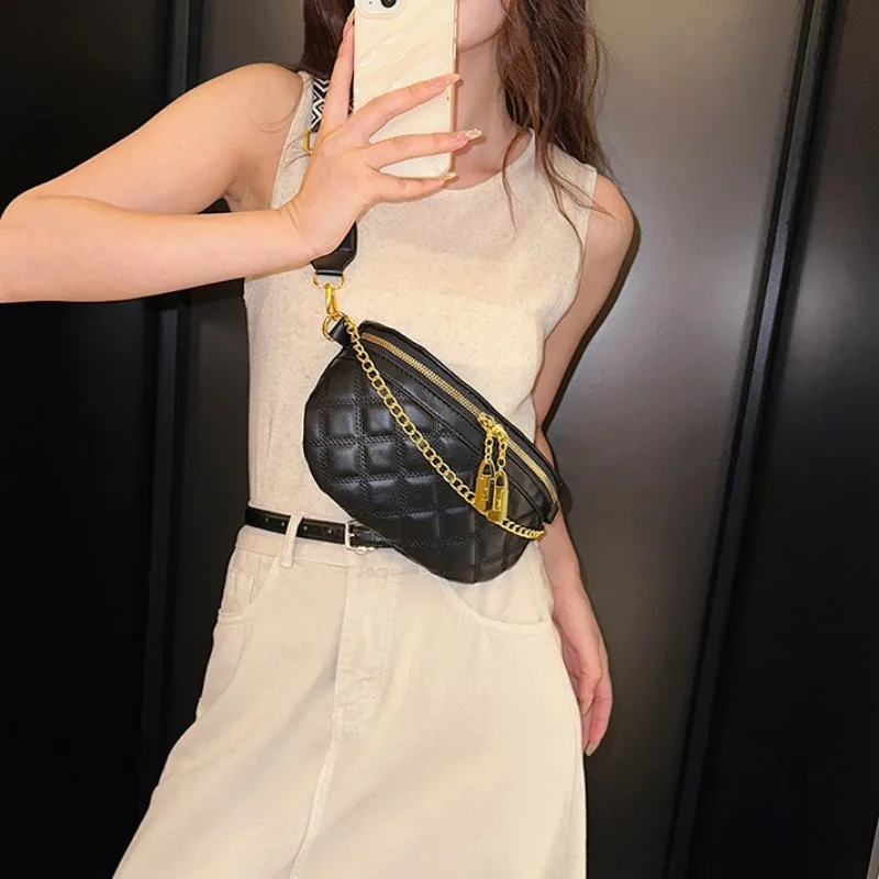 Luxury Diamond Lattice Chain Fanny Packs For Women Stylish Chain Zipper Waist Bag Female Waist Pack Ladies Crossbody Chest Bag