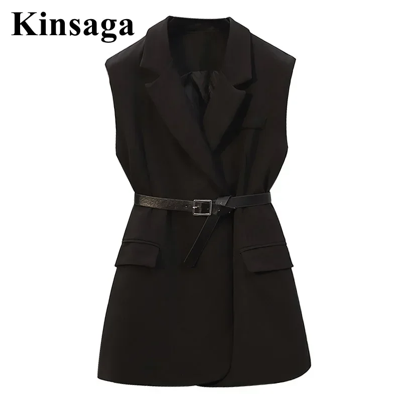 Women Street Blazer Vest Lapel Collar Sleeveless Cardigan Coat Belted Waistcoat Outwear Office Lady Workwear Korean Style Outfit