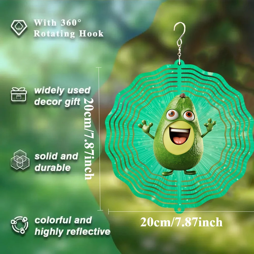 Cartoon Avocado Wind Chime, Metal 3D Rotating Wind Chime with 360° Swivel Hook, Creates a Strong Dynamic Artistic Effect.