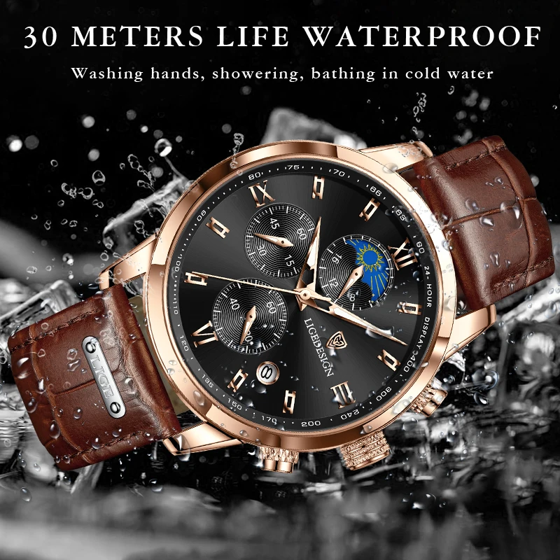 LIGE Man Watch Business Fashion Brand Luxury Leather Moon Phase Wristwatches Quartz Watches for Men Chronograph Waterproof Clock