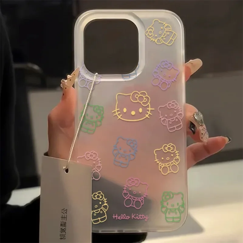 Colorful Line Hello Kitty Creative Cute INS Phone Case For iPhone 16 E 15 14 13 12 11 Pro Max XR XS MAX 7 8 Plus MINI Y2K Cover