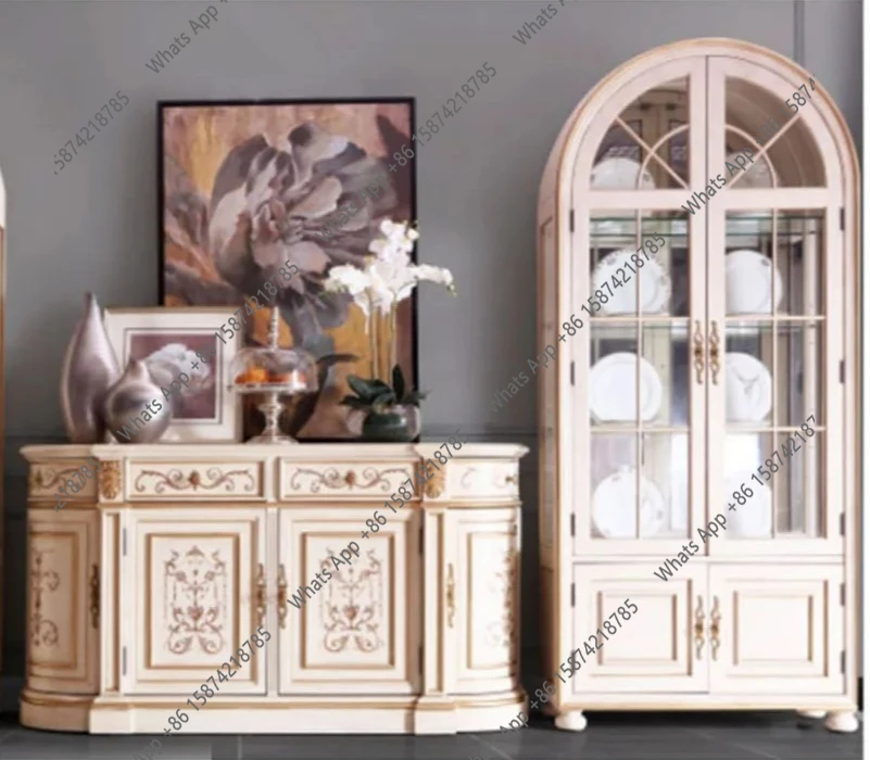 

X American Style Solid Wood Dining Side Cabinet French Retro Old Dining Room Glass Cabinet Storage Cabinet Oak Living