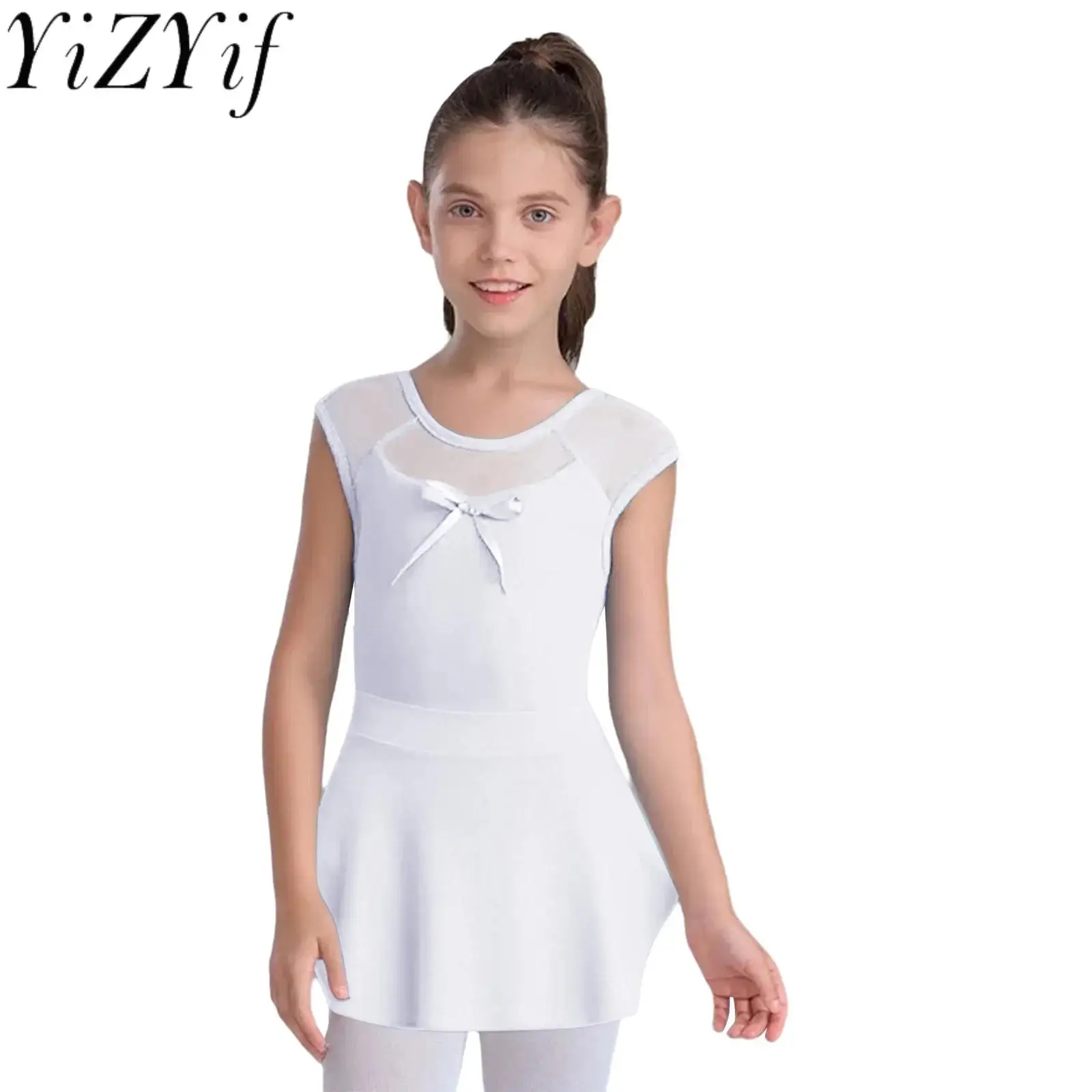 

Kids Girls Ballet Dance Costume Sleeveless Sheer Mesh Bow Leotard with Sheer Mesh Skirt Set for Ballet Warm-up Training Outfits