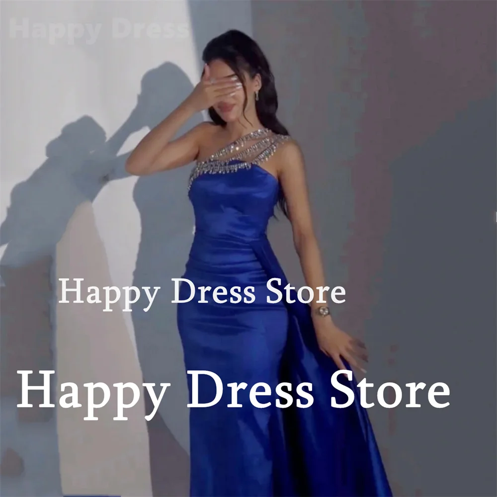 Robe de soirée sirène en satin bleu royal, robe de Rhsexy, appliques de perles, longueur au sol, robe formelle, nouveau