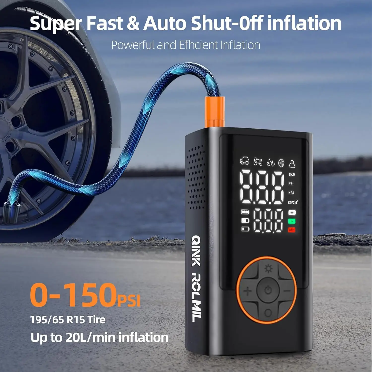 Portable Tire Inflator, 150 PSI Cordless Air Pump with Digital Display & LED Light for Cars, Motorcycles, Bikes, Balls