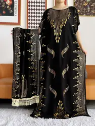 2023 Summer Short sleeve Dress Pure Cotton Gold Stamping Loose Abaya Maxi Islam Dress with Tassels Big Scarf African Long Dress