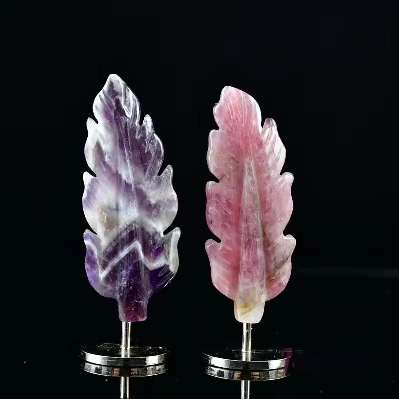 Natural Fire Quartz Feather Ornament on Stand Red Hematoid Crystal Carving Chakra Reiki Meditation Home Desk Decor
