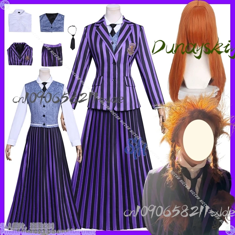 Agnes Cosplay nunca Anime película más disfraz uniforme escolar gótico negro púrpura rayas abrigo vestido Lolita Halloween Navidad Cos